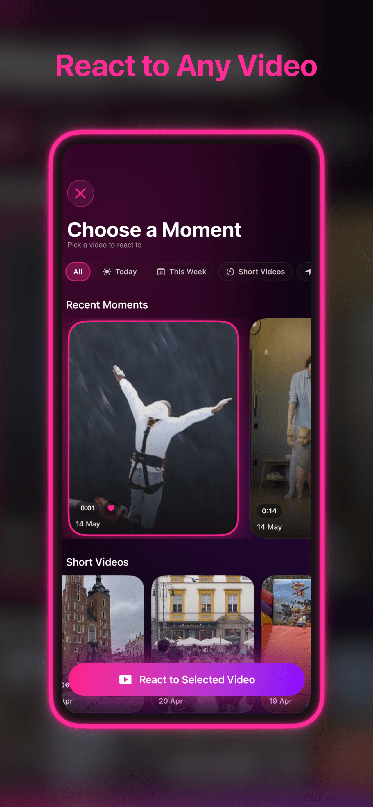 Reactify choose video screen