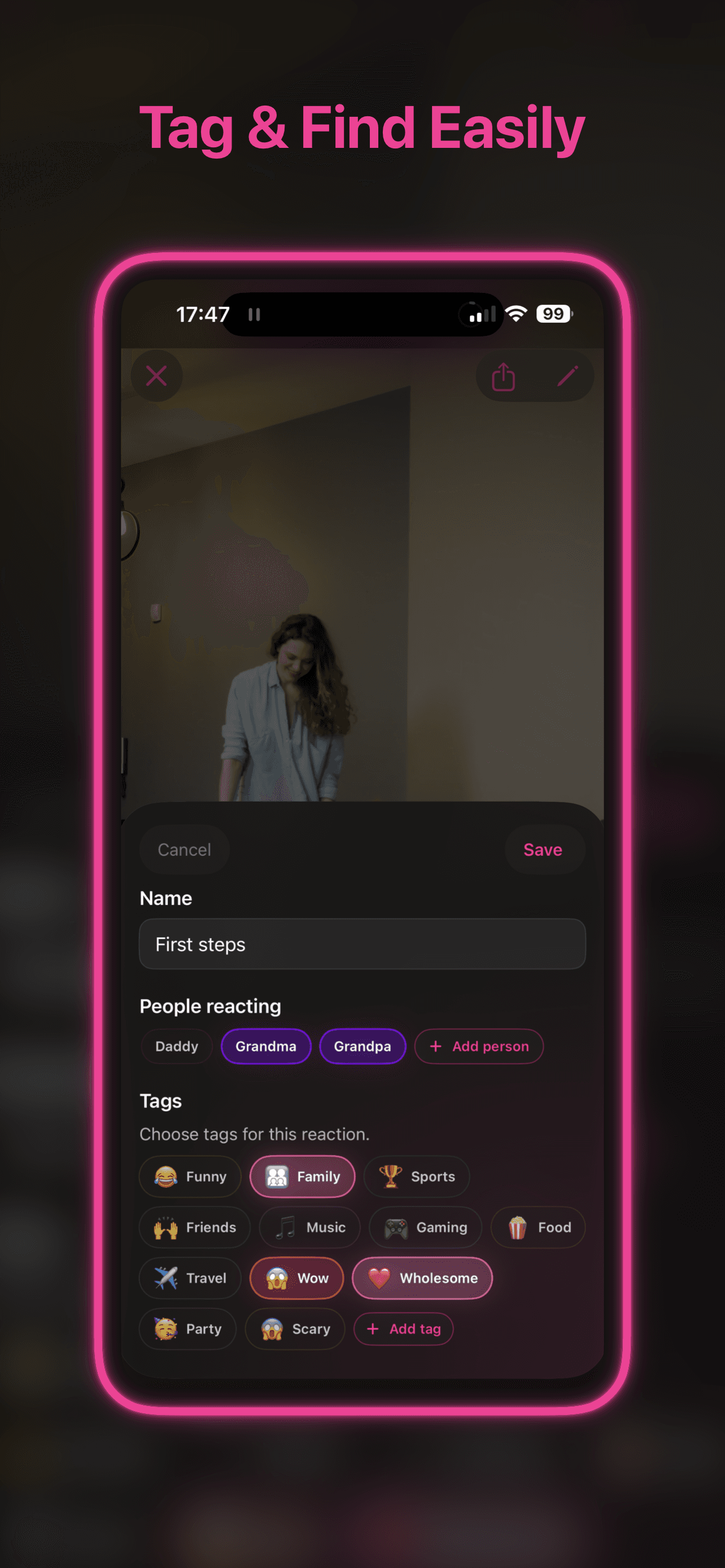 Reactify tag and organize screen